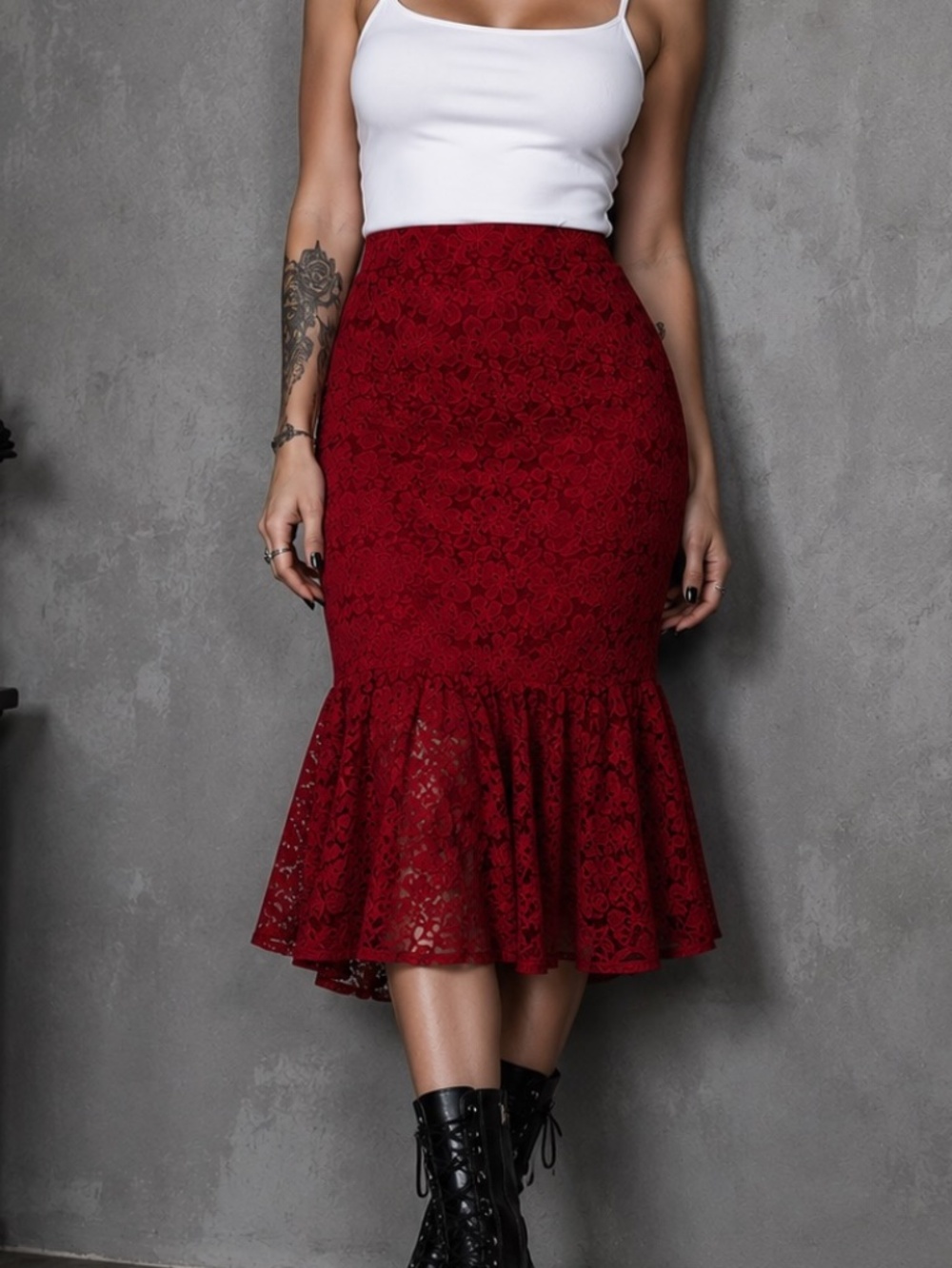 Another Story Pencil Skirt Womens Size Small Red Flared Lace Boho Goth Witchy